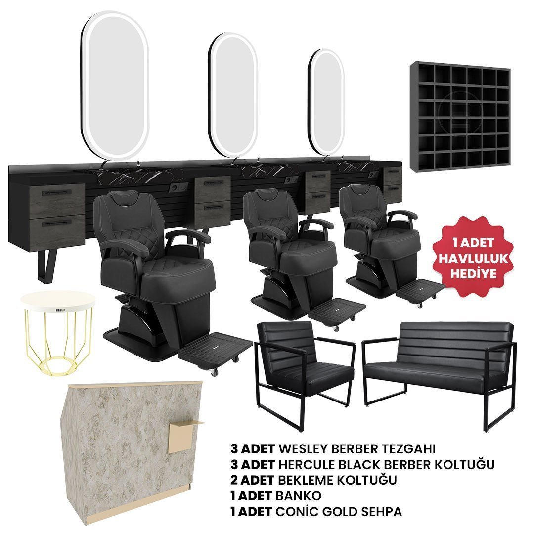 3'lü Wesley  + 3 Adet Hercule Black Berber Koltuğu +  Banko + 2 Adet Bekleme Koltuğu + Sehpa + Havluluk Hediye