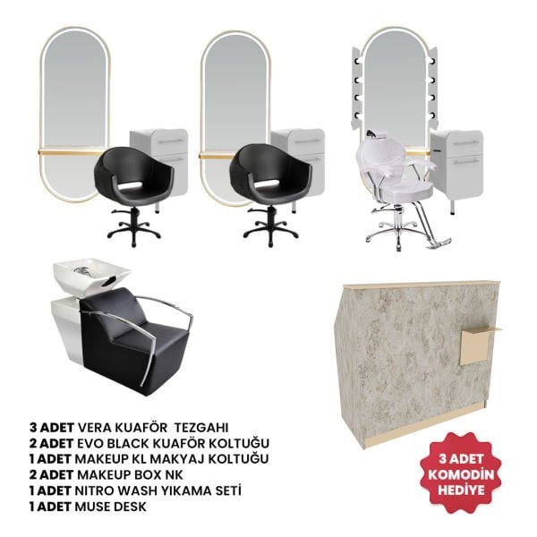 3 Adet Vera + 2 Adet Evo Black + 1 Adet Makeup + 1 Adet Nitro Wash + 1 Adet Muse Desk + 2 Adet Make Up Box St + 3 Adet  Komodin Hediye