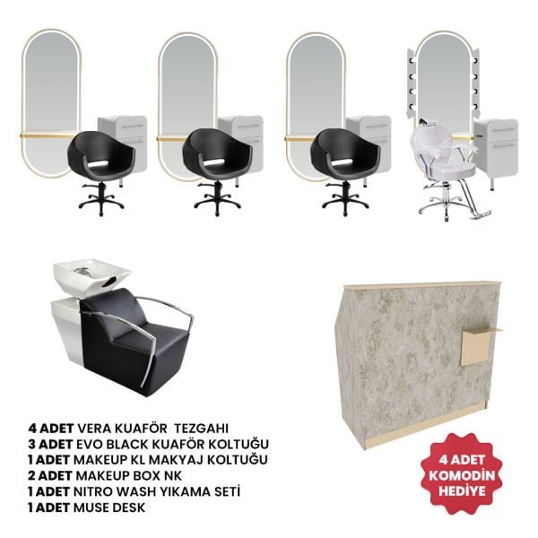 4 Adet Vera + 3 Adet Evo Black + 1 Adet Makeup + 1 Adet Nitro Wash + 1 Adet Muse Desk + 2 Adet Make Up Box St + 4 Adet  Komodin Hediye