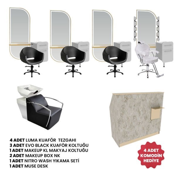 4 Adet Luma + 3 Adet Evo Black + 1 Adet Makeup + 1 Adet Nitro Wash + 1 Adet Muse Desk + 2 Adet Make Up Box St + 4 Adet  Komodin Hediye