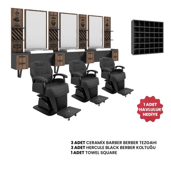 3'lü Ceramix Barber + 3 Adet Hercule Black Berber Koltuğu + 1 Adet Havluluk Hediye
