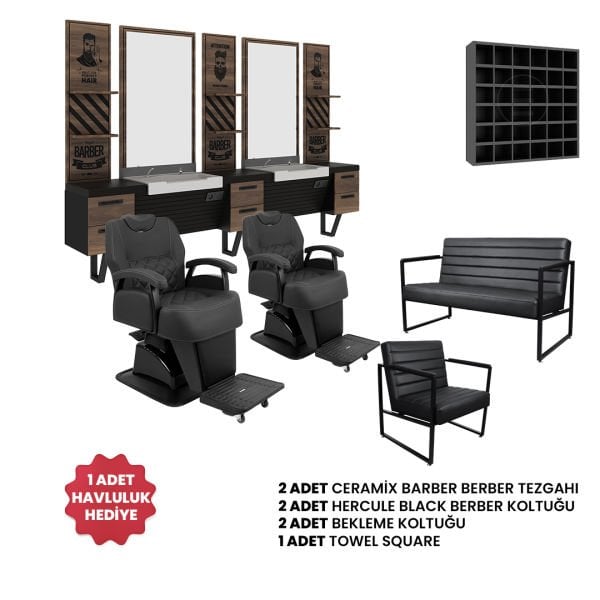 2'lİ Ceramix Barber + 2 Adet Hercule Black Berber Koltuğu + 2 Adet Bekleme Koltuğu + 1 Adet Havluluk Hediye